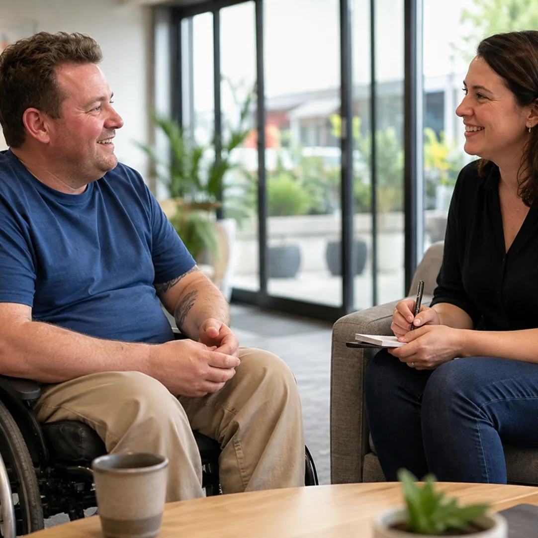 Recovery coach and participant in a supportive session